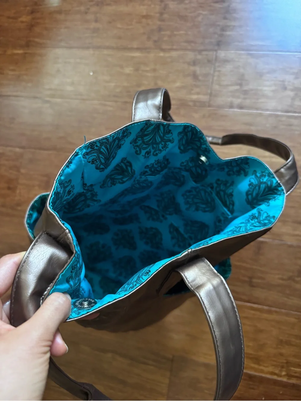 Retro Metallic Copper Brown Large Tote Bag Embossed Floral Teal Blue Print Purse